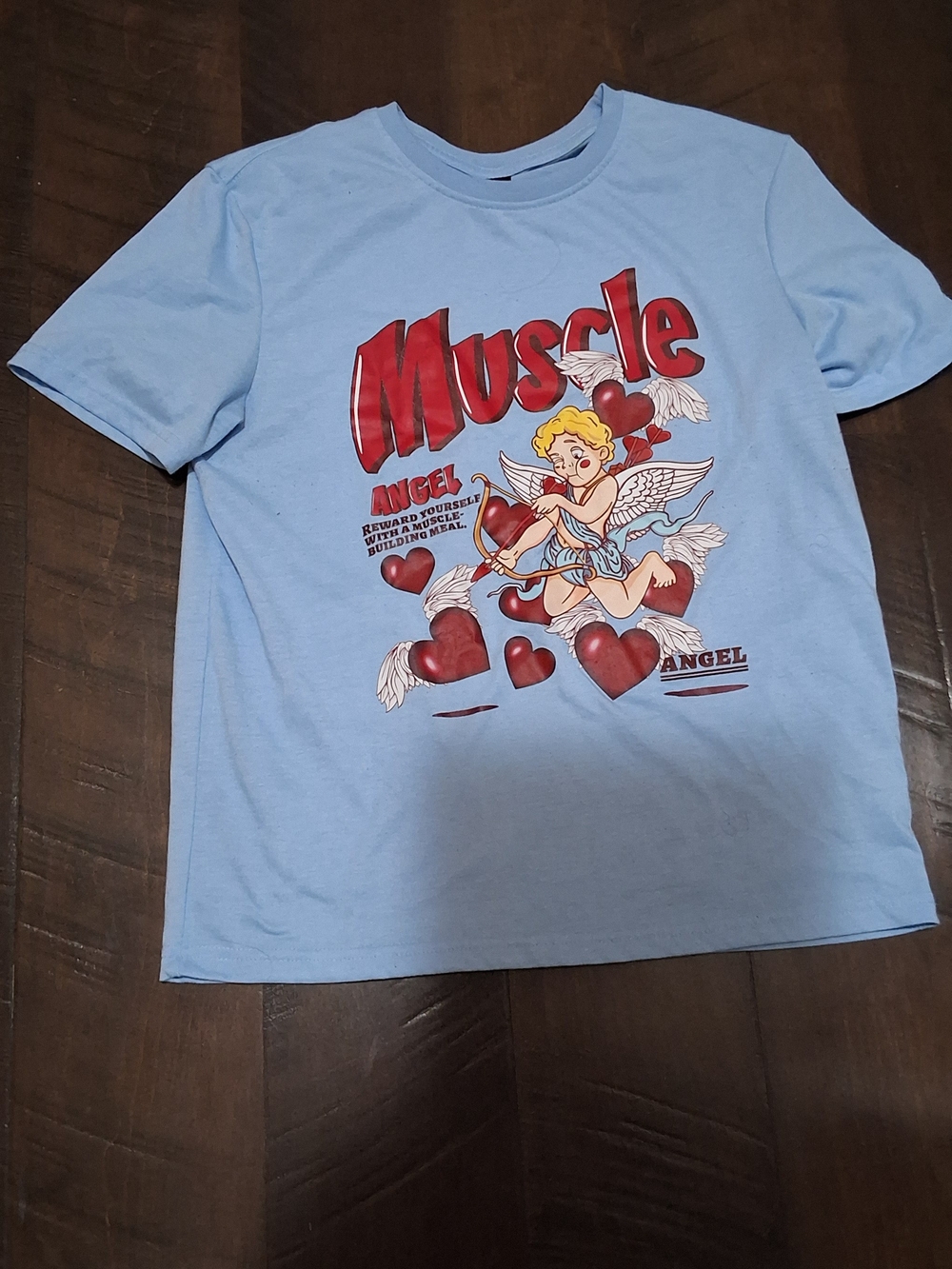 Muscle Angel Graphic Tee - Light Blue with Red Print